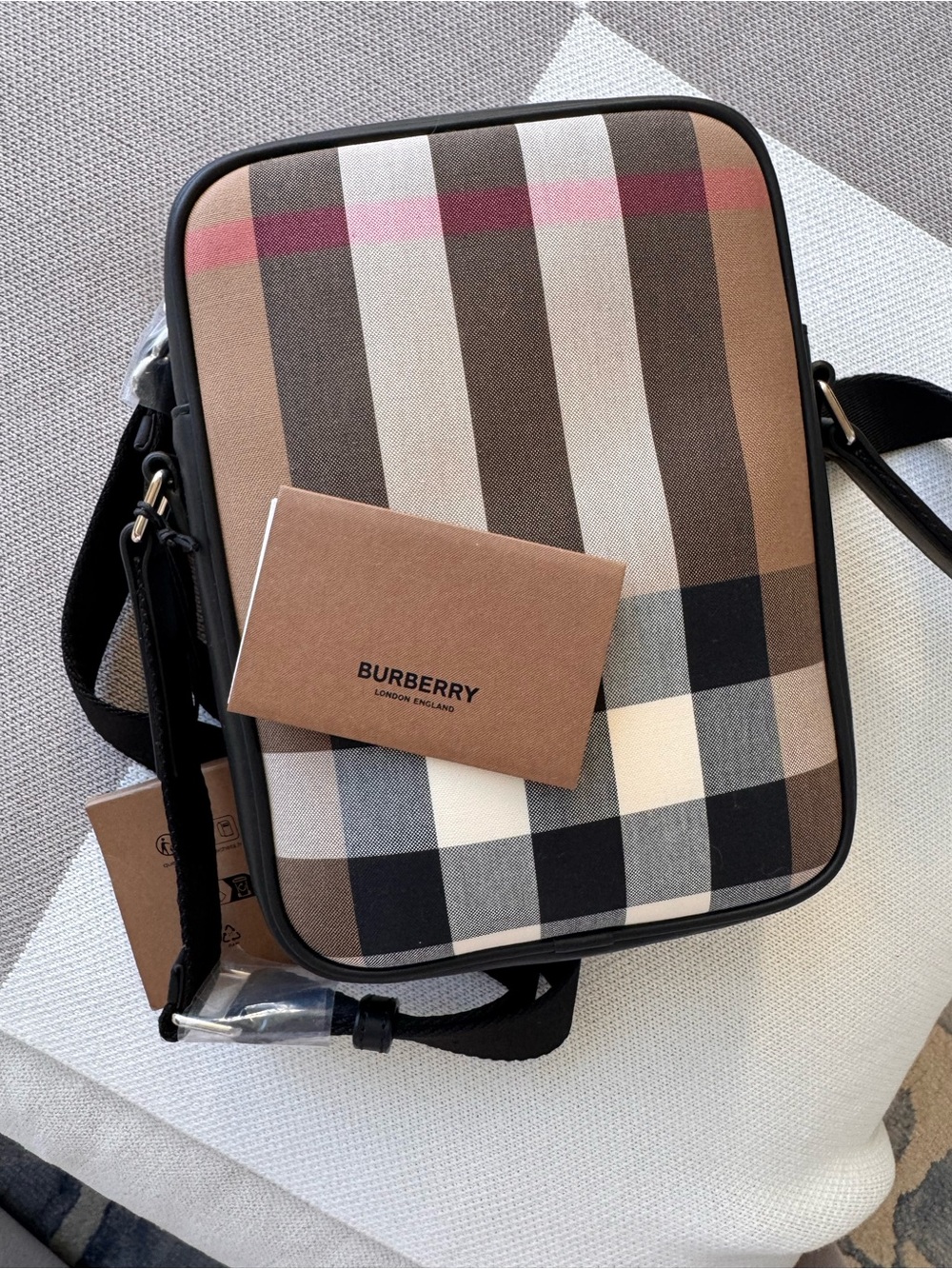 Burberry Check Canvas Messenger Bag in Beige, Brown, Black and red